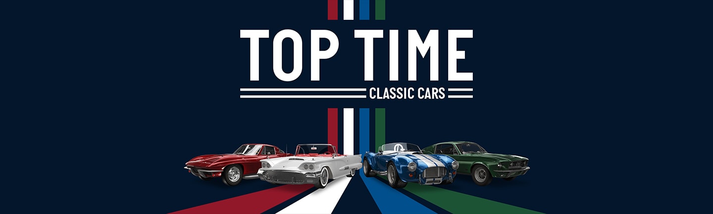 {generated} 经典跑车排列在醒目的Breitling Top Time Classic Cars标识下,并配以鲜艳的赛车条纹色彩。