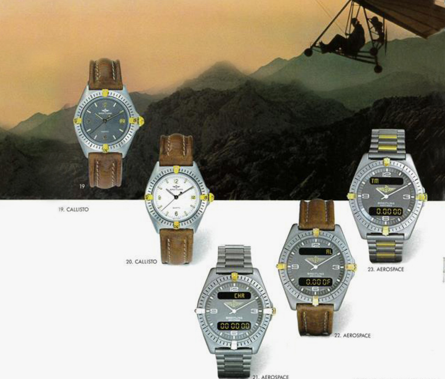 {generated} Breitling的Callisto與Aerospace腕錶置於山景前並搭配滑翔翼呈現，突顯1985年款式