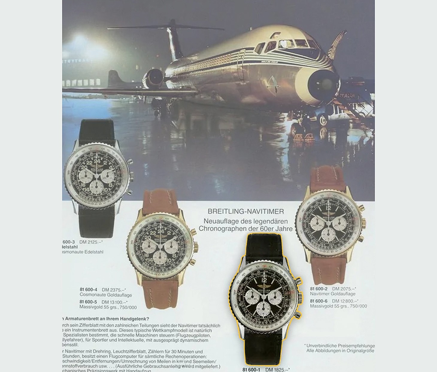 {generated} 複数のクロノグラフを並べたヴィンテージのBreitling Navitimerブロックが夜間の航空機シーンを背景に構成されている。