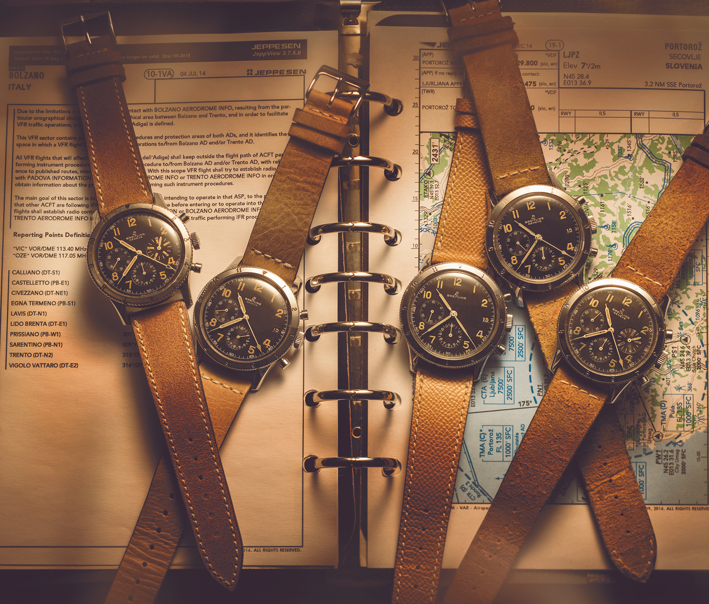 {generated} 復古風格的Breitling 1953計時腕錶配皮革錶帶陳列於展開的航空圖上，展現經典傳承氛圍