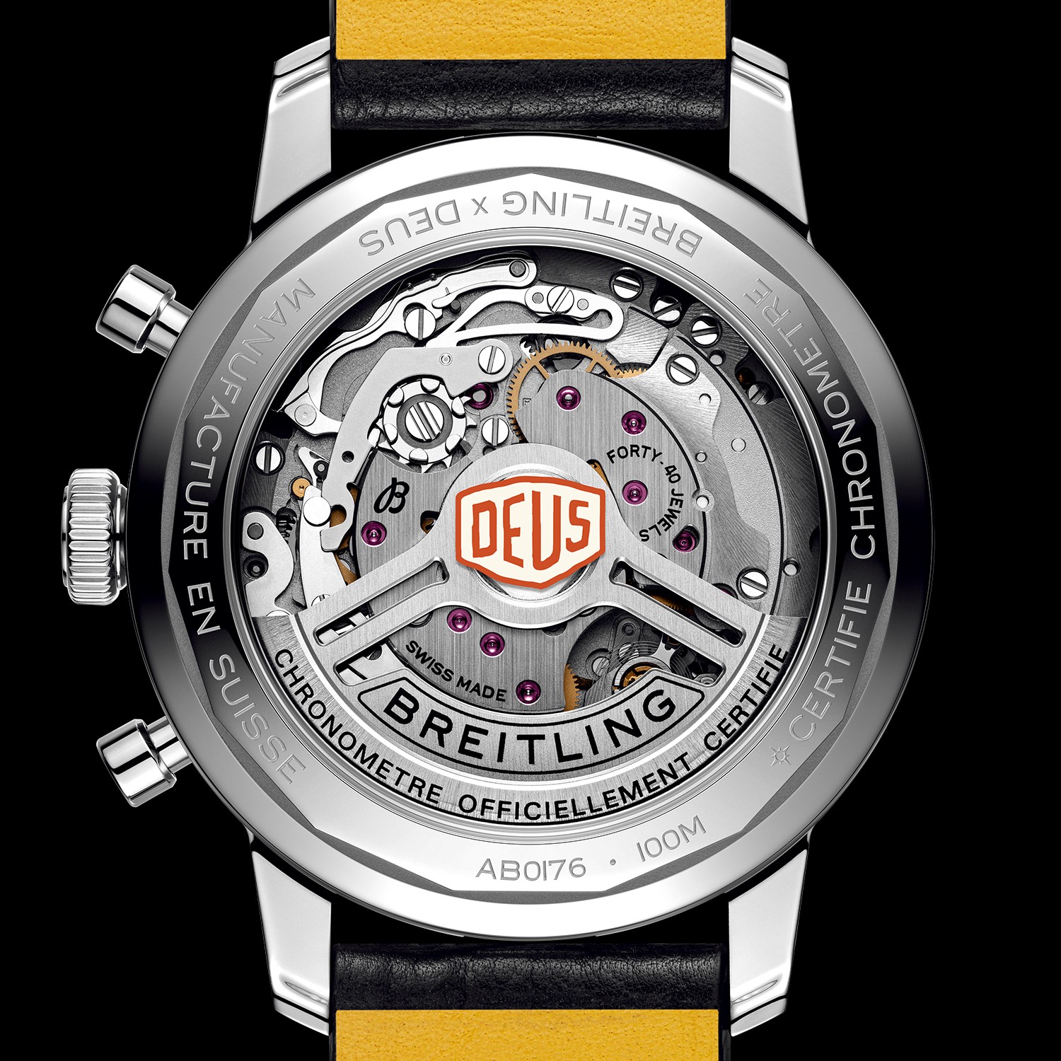 {generated} Detailed rear view of Breitling Calibre 01 showcasing its mechanical movement and Deus branding on the transparent caseback