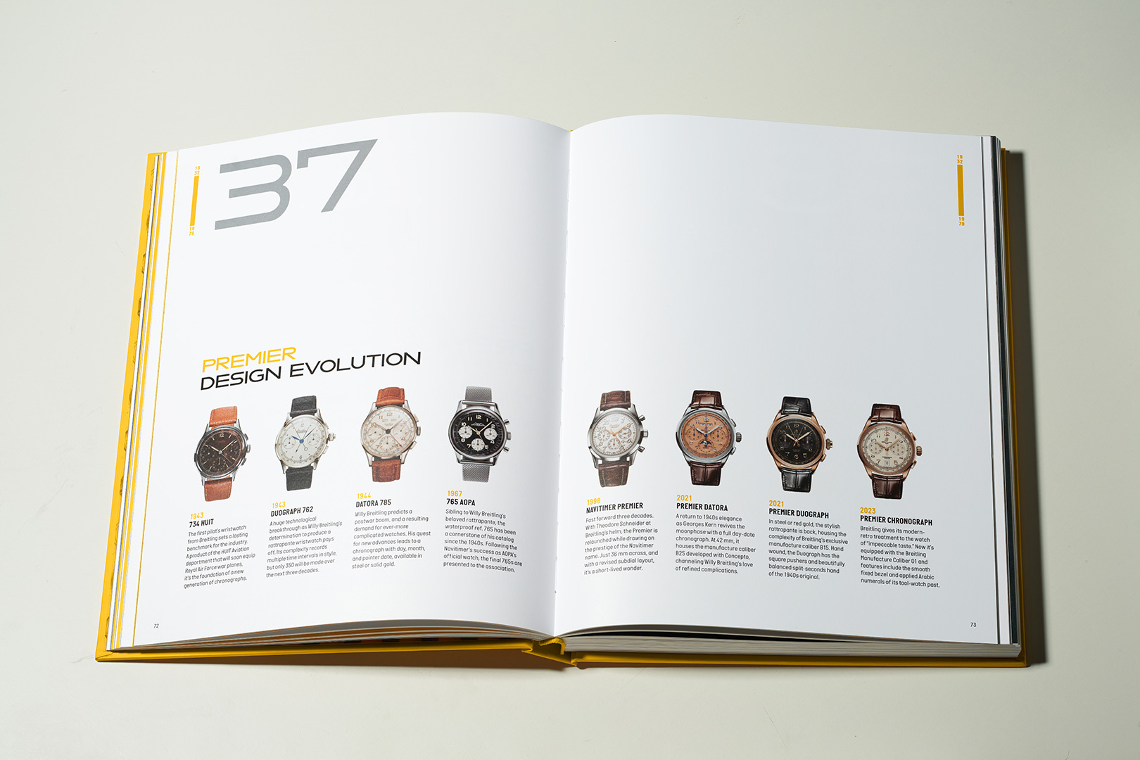 {generated} Livro comemorativo da Breitling aberto exibindo a evolução do design Premier com modelos históricos em ambas as páginas.