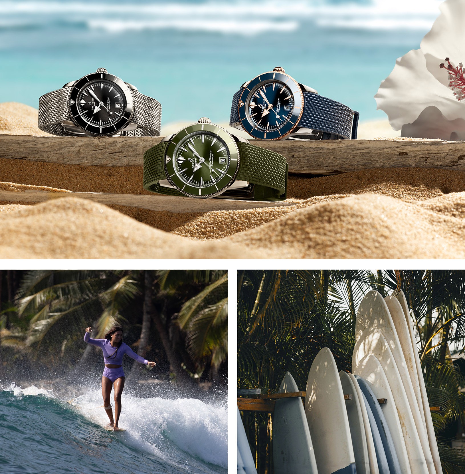 {generated} Breitling Superocean Heritage 2025 watches on sunlit beach with ocean backdrop, shown with surfer and stacked surfboards