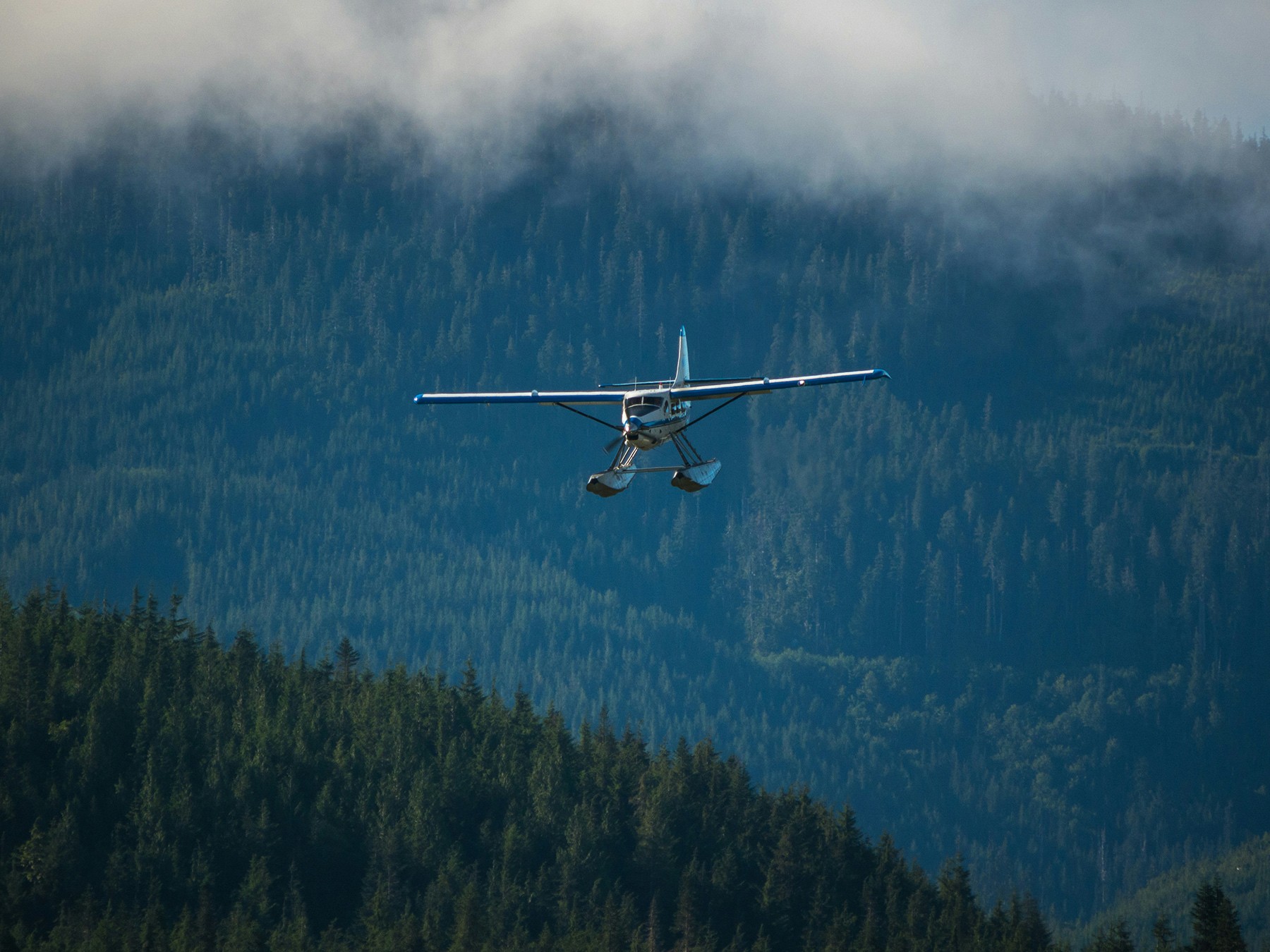 {generated} A seaplane flying above misty forested mountains, evoking the adventure spirit of the Breitling Emergency collection.