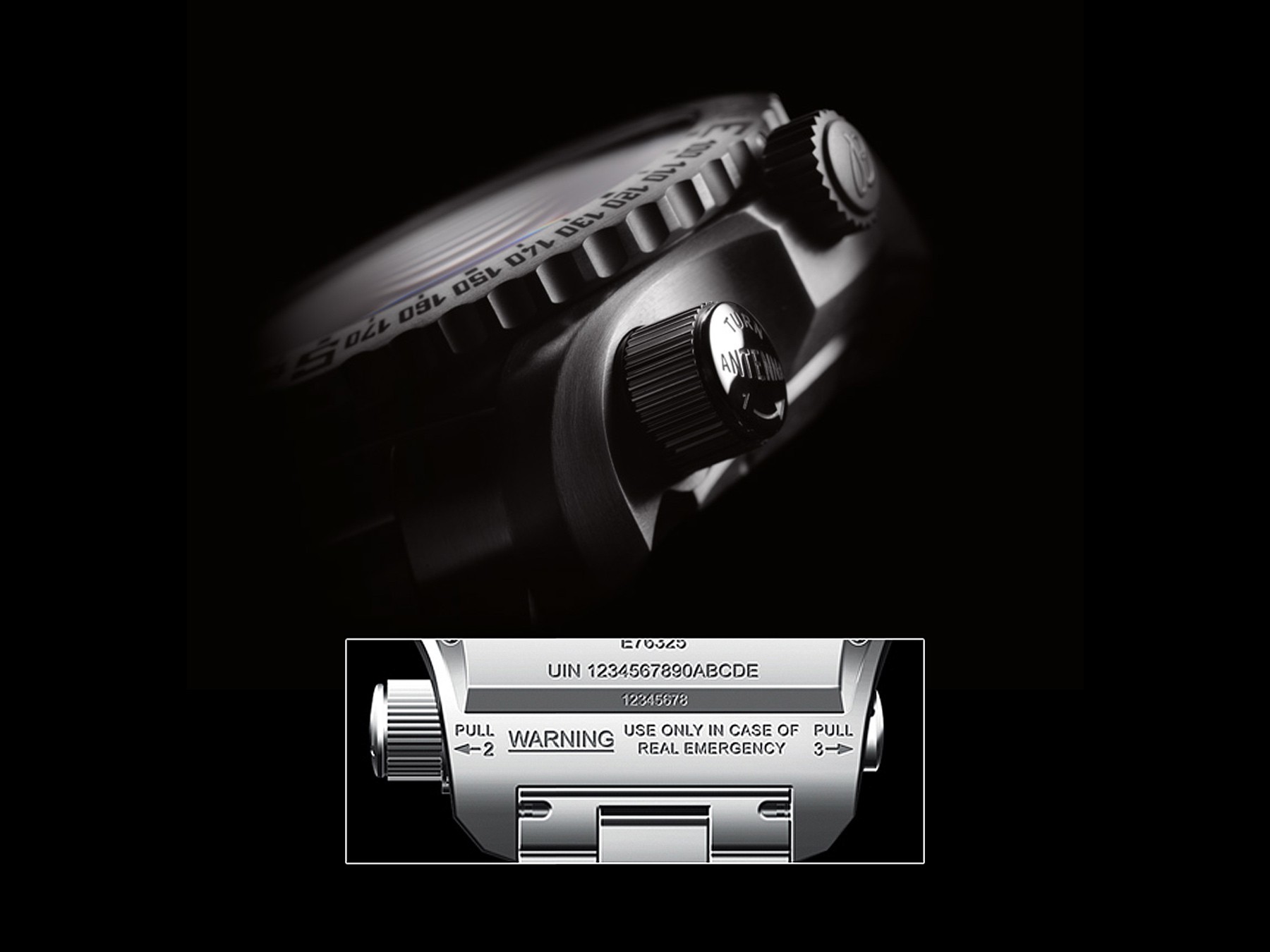 {generated} Close-up of Breitling Emergency detailing its knurled crown and coded emergency transmitter module against a dark backdrop