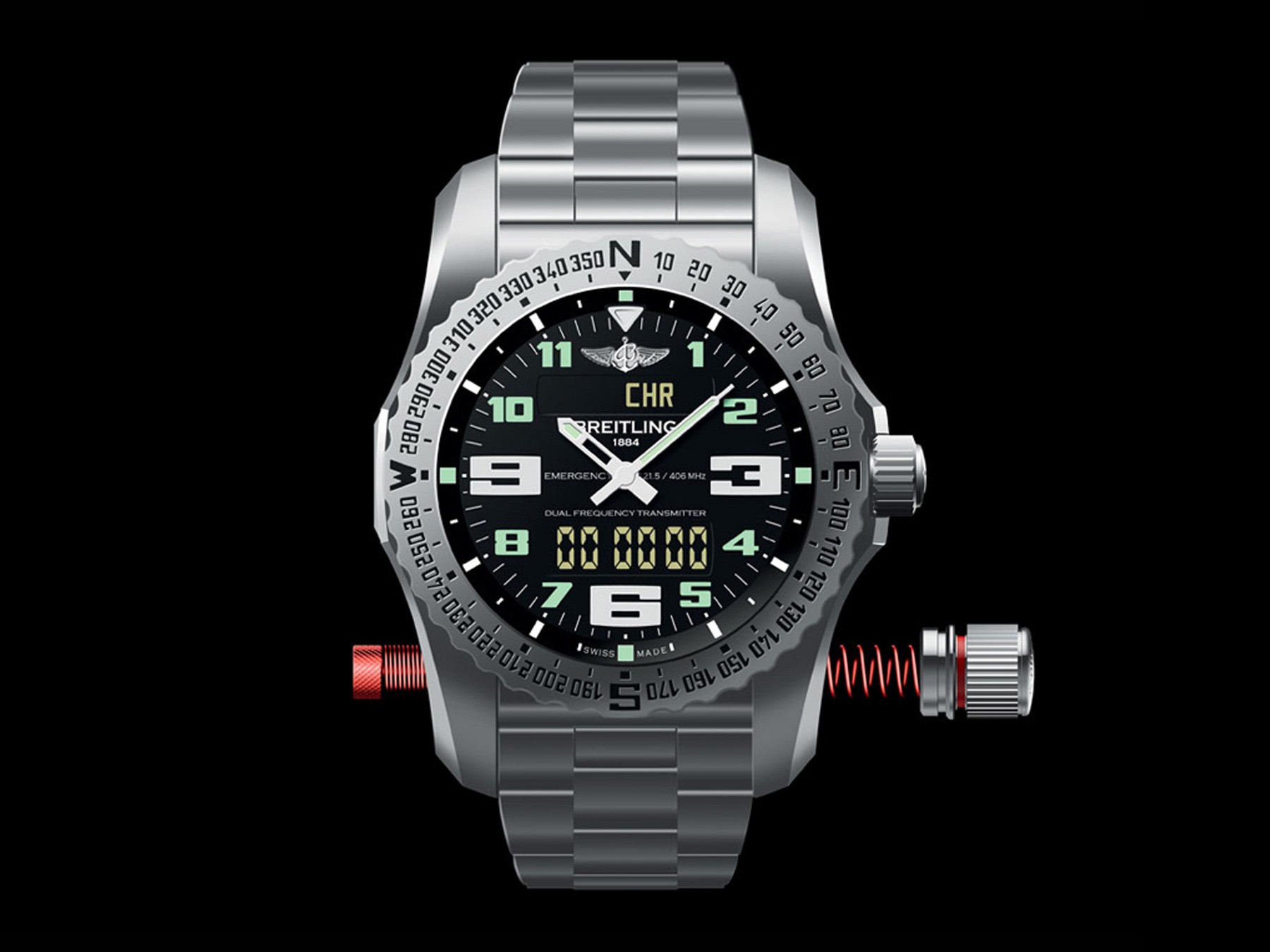 {generated} Breitling Emergency watch shown with steel bracelet, luminescent dial and deployed dual-frequency antenna components