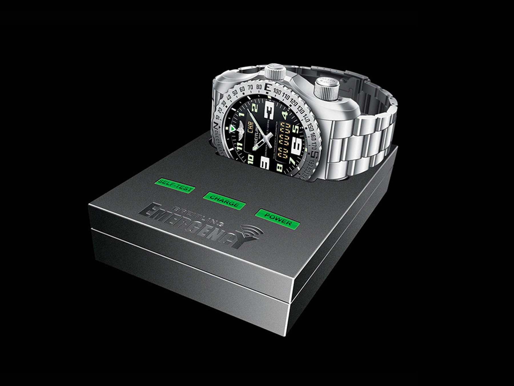 {generated} Breitling Emergency watch on its operation unit, showing the black dial, steel bracelet, and green status indicators.
