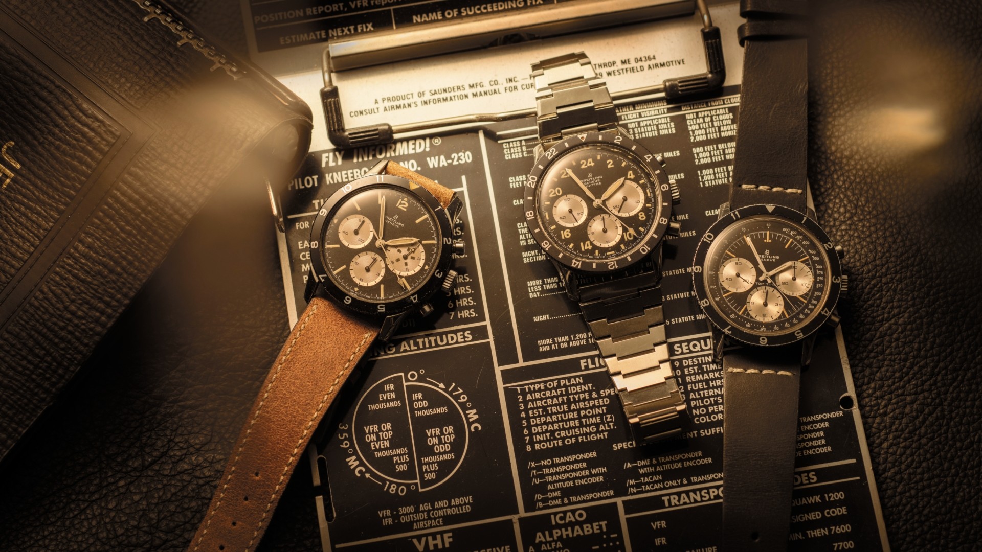 {generated} Three Breitling chronograph watches displayed on aviation charts, highlighting classic icons with leather and steel straps