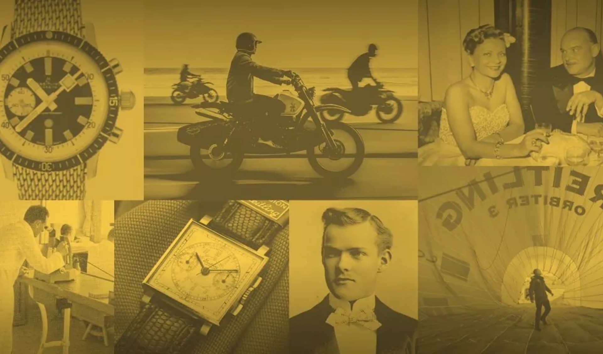 {generated} 結合Breitling歷史時刻的拼圖，融合經典腕錶、檔案影像與生活場景，致敬品牌140週年。