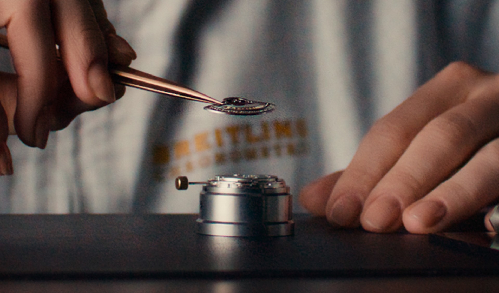 {generated} A watchmaker in a Breitling coat carefully adjusts a movement with precision tools, highlighting meticulous service work
