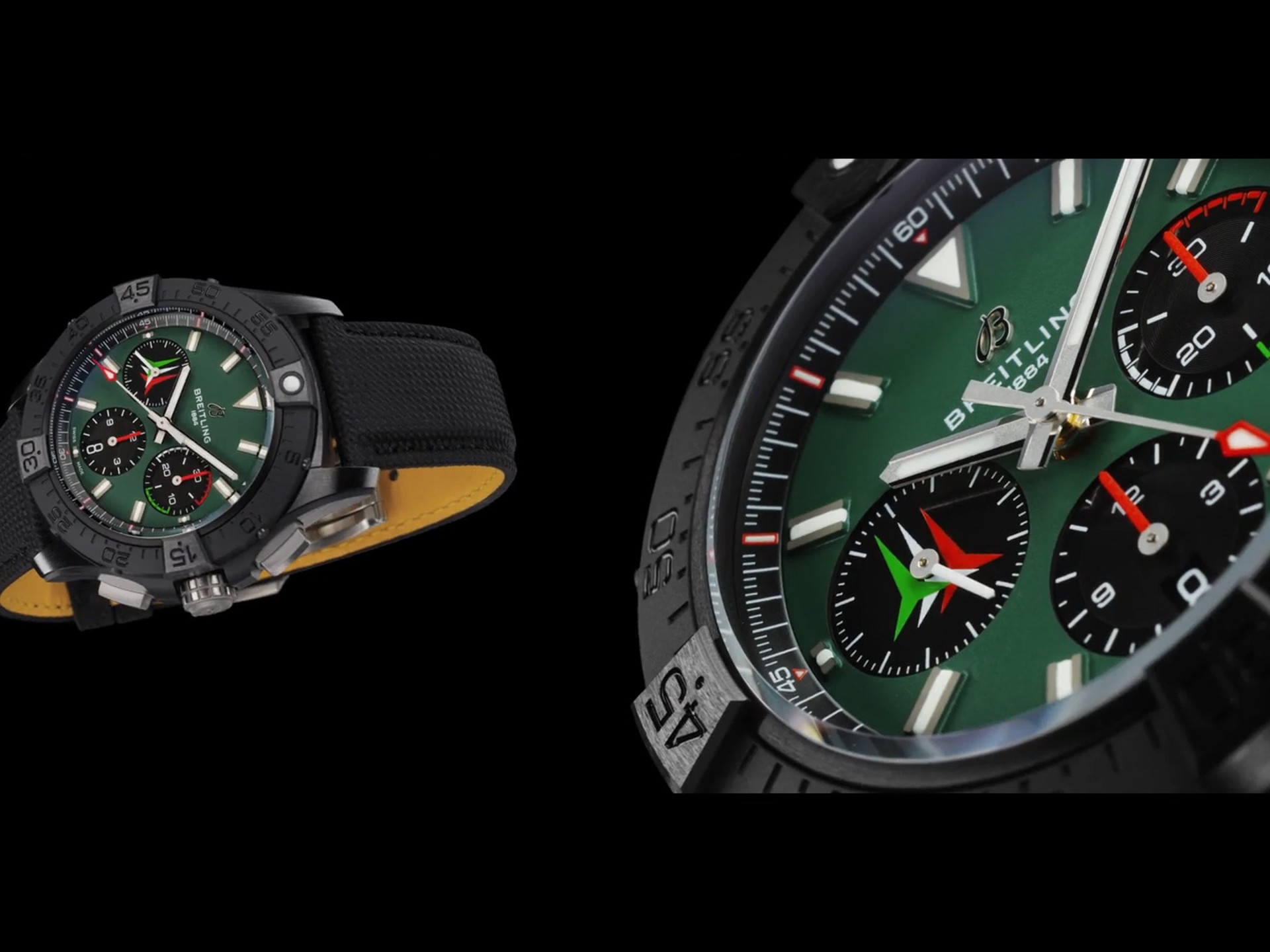 {generated} Breitling Frecce Tricolori chronograph shown in close-up with green dial, tri‑color subdials and black textured strap