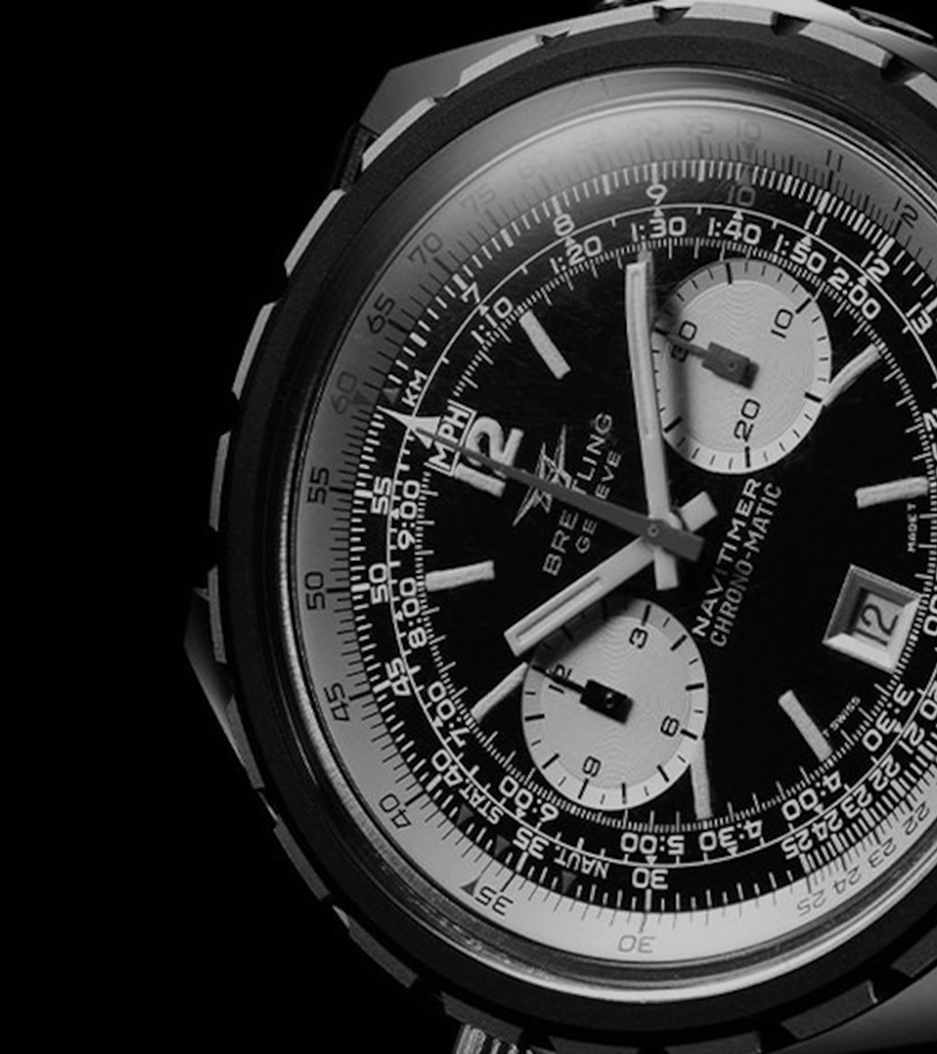 {generated} 1970年代Breitling航天計時Chrono-Matic特寫，展現黑色錶盤、鋼製錶殼與精細計算尺刻度