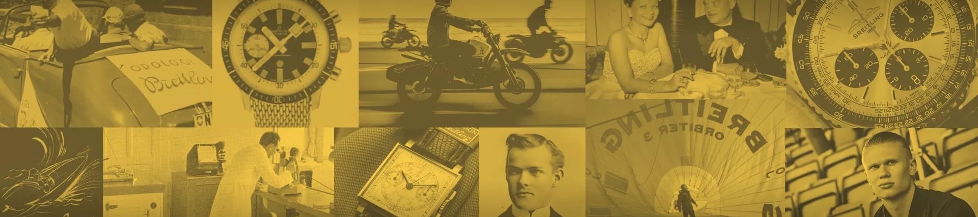 {generated} 結合Breitling歷史時刻的拼圖，融合經典腕錶、檔案影像與生活場景，致敬品牌140週年。