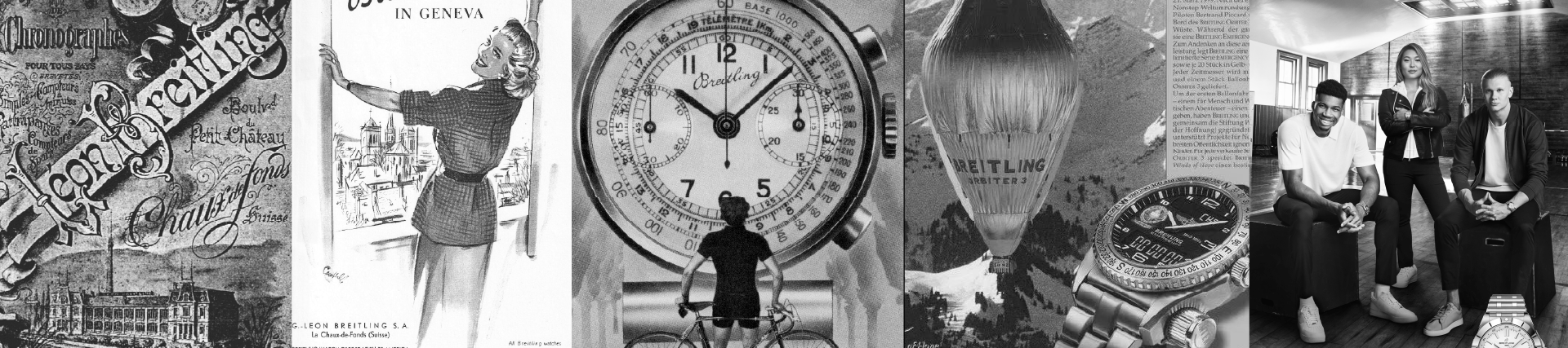{generated} Historic Breitling visuals, vintage adverts, watches, and a modern group scene blending into a collage of brand heritage.