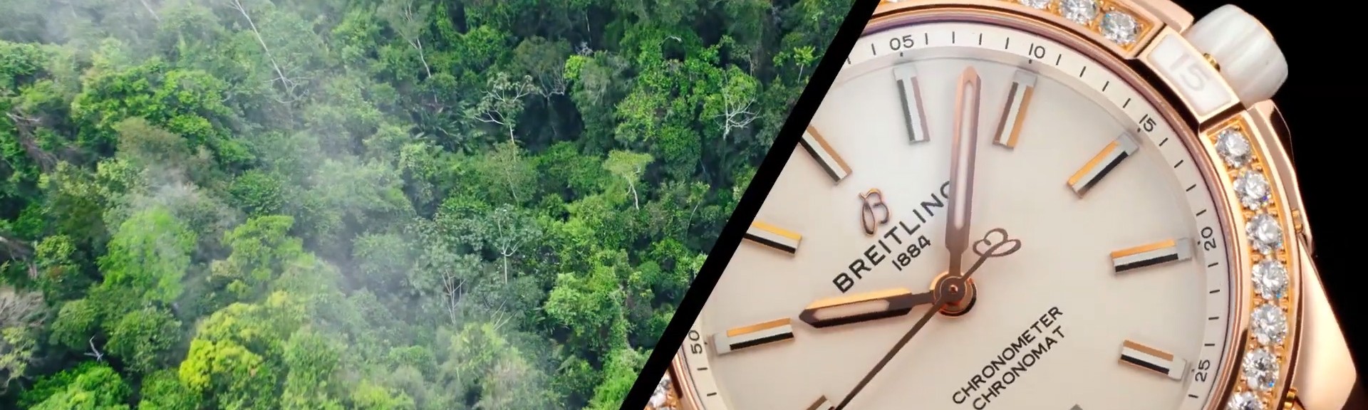 {generated} Lush forest contrasts with a close-up of the Breitling Chronomat, highlighting craftsmanship and natural inspiration.