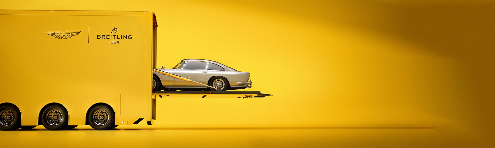 {generated} 灰色優雅的Aston Martin置於深色棚景中，展現與Breitling的精緻合作