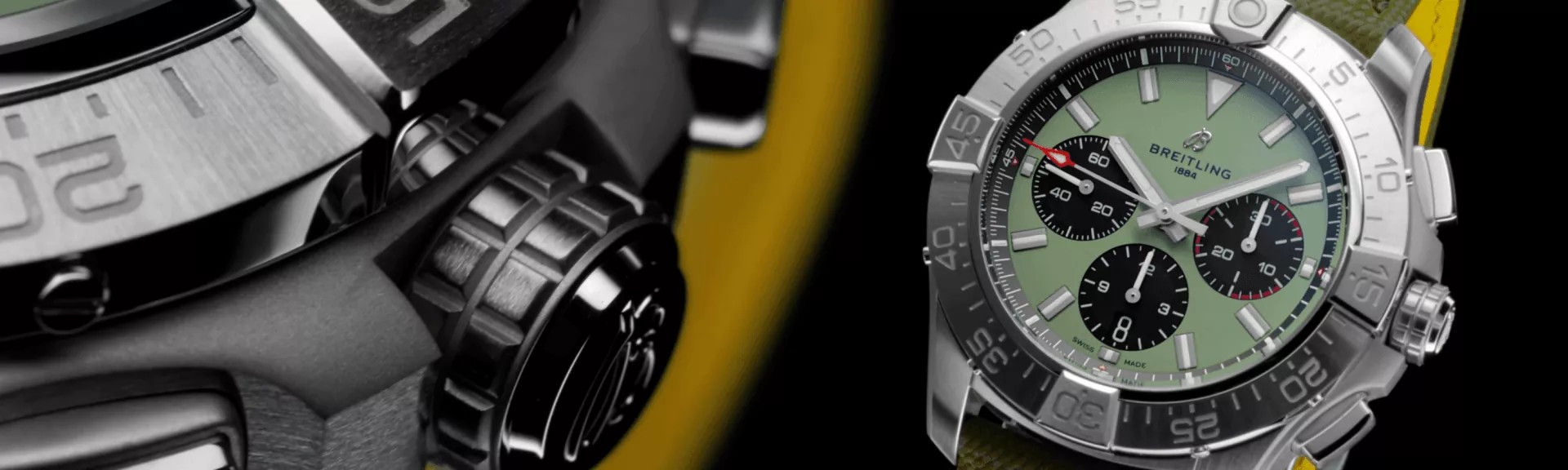 {generated} Close-up of the Breitling Avenger with a green dial, steel bezel, and sharp chronograph accents set against a dark backdrop
