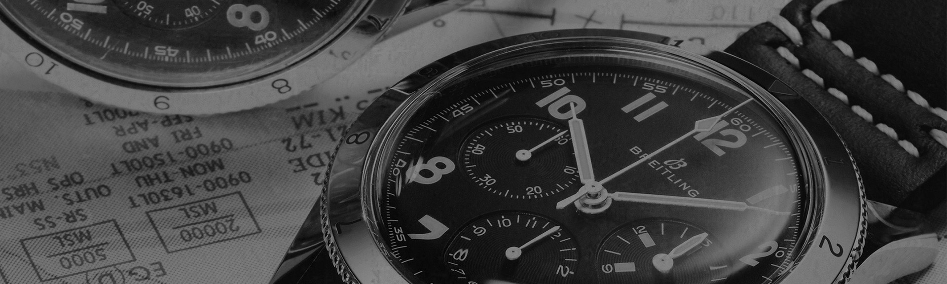 {generated} Close-up of a Breitling Co-Pilot chronograph with black dial and leather strap set against detailed aviation charts.