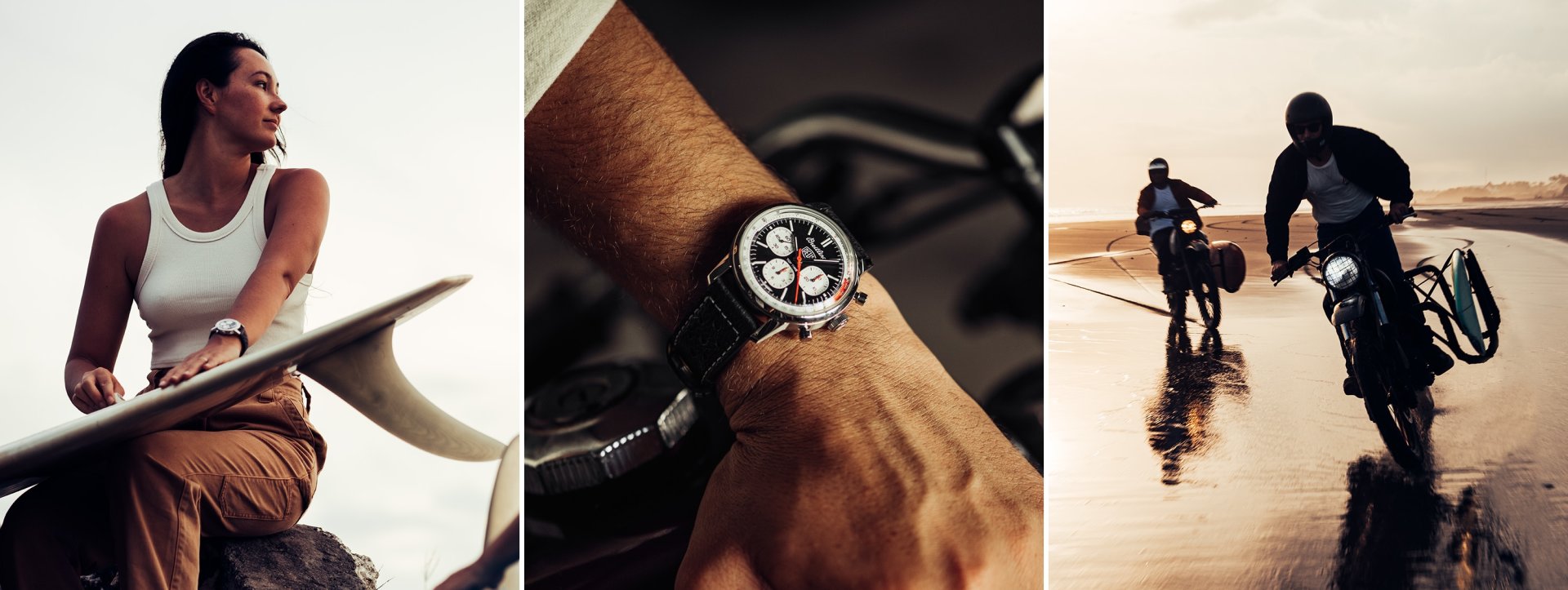{generated} Adventurous surf and motorbike moments framed by close-up of Breitling Top Time Deus, capturing dynamic coastal energy