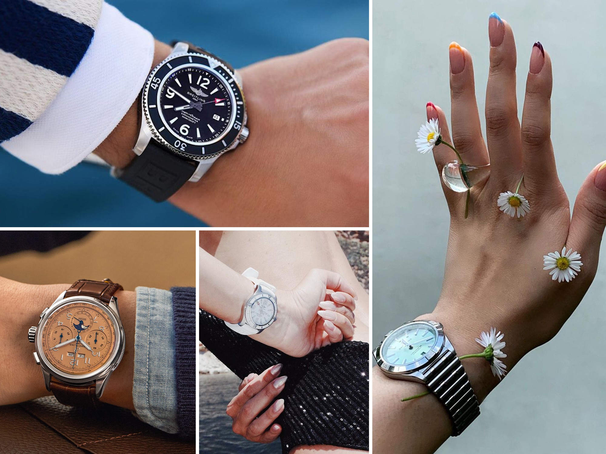 {generated} 拼貼呈現多種情境下的Breitling腕錶，結合動感腕間視角與點綴花朵的手部細節。