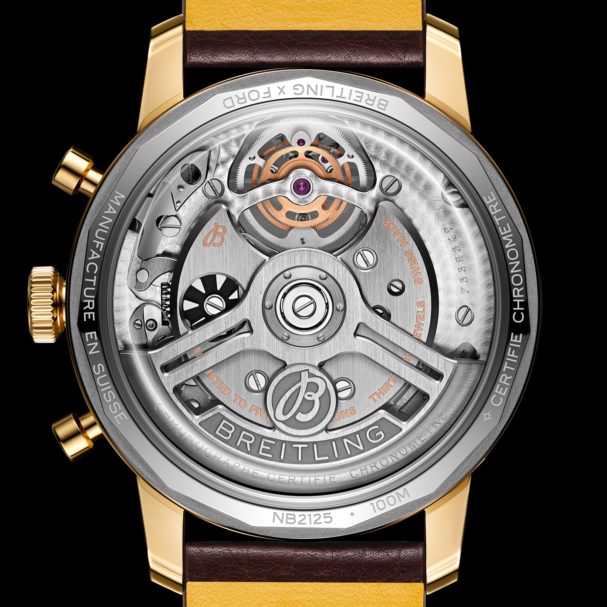 {generated} Breitling Caliber B21 automatic movement displayed through the transparent caseback, highlighting intricate mechanics