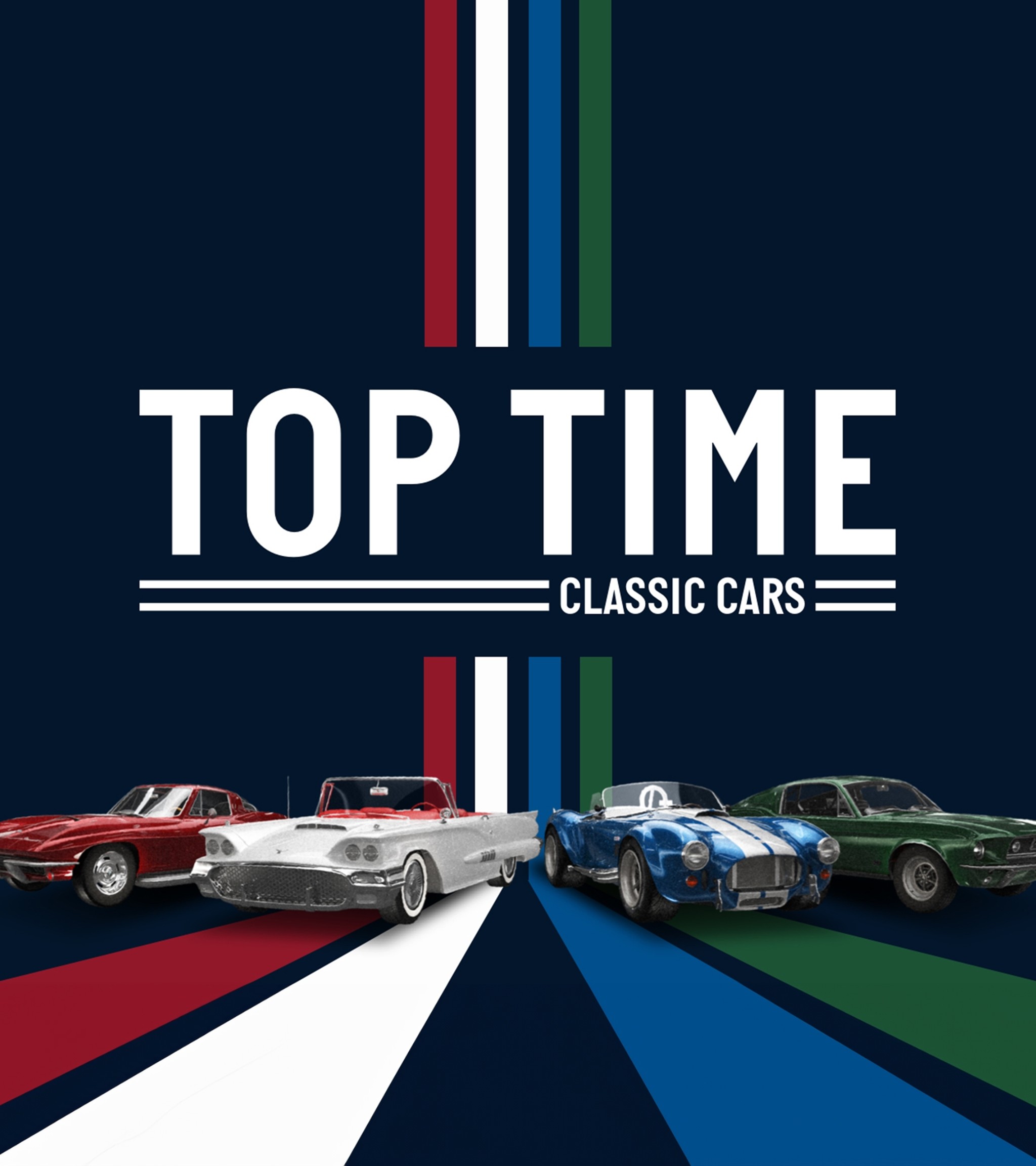 {generated} 经典跑车排列在醒目的Breitling Top Time Classic Cars标识下,并配以鲜艳的赛车条纹色彩。
