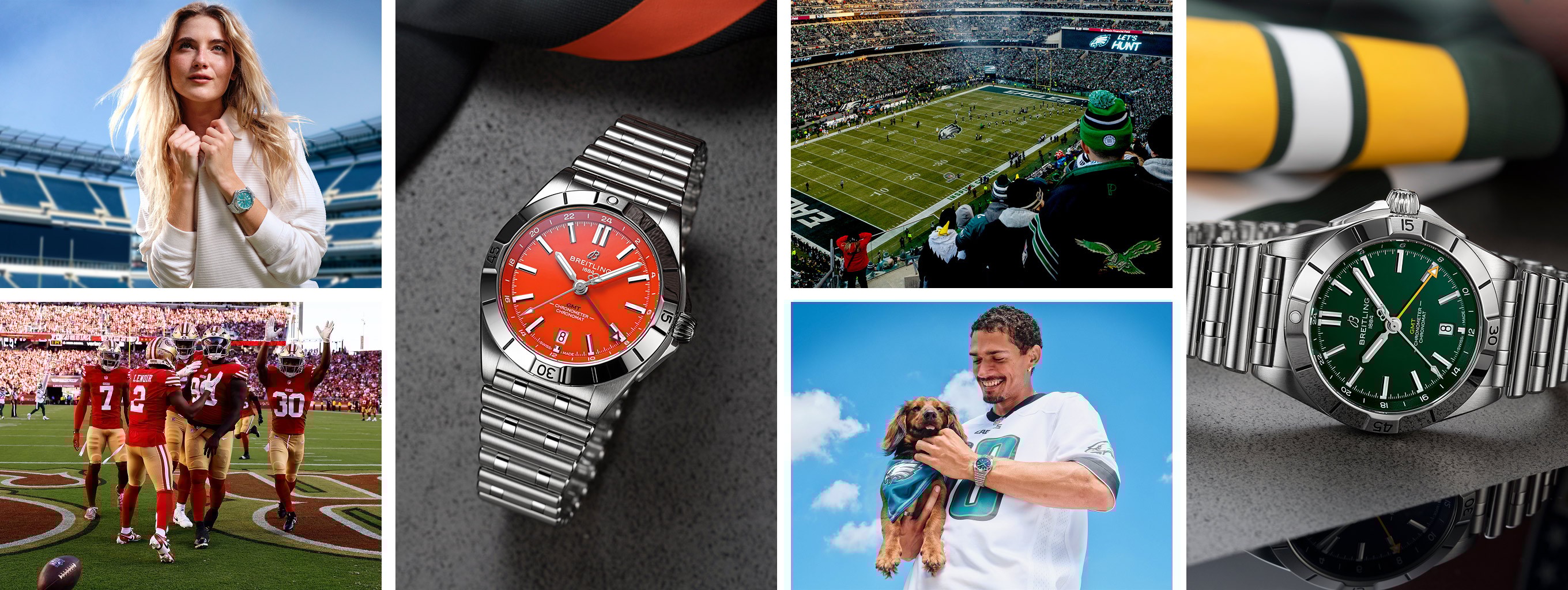 {generated} 百年靈NFL球隊版腕錶呈現於熱鬧球場景象與展現球隊色彩與自豪感的球迷之間