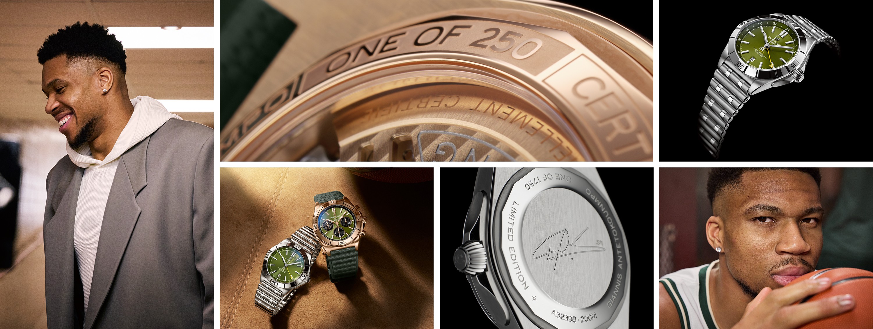 {generated} A dynamic mosaic featuring an athlete with various Breitling watches including green-dial models and limited-edition details.