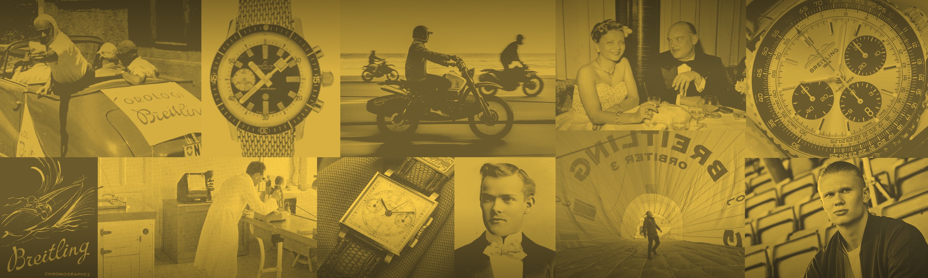 {generated} Vintage collage featuring Breitling watches alongside motorsport, craft, and lifestyle scenes in a warm yellow tone