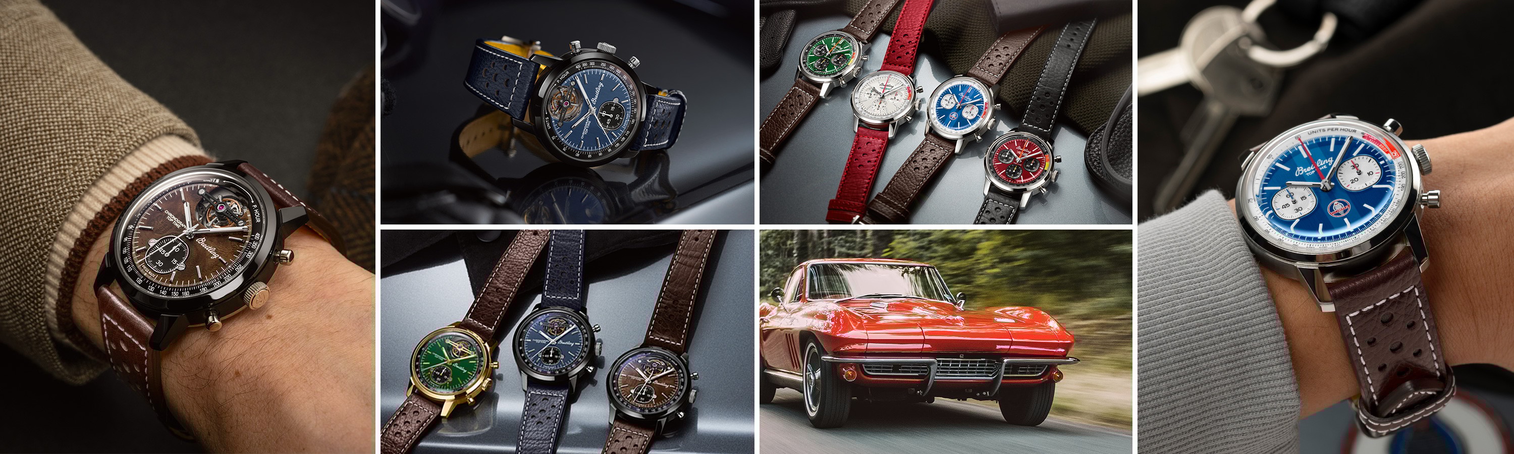 {generated} Mosaic showing Breitling Top Time Cars watches with colourful dials and leather straps beside a classic red sports car.