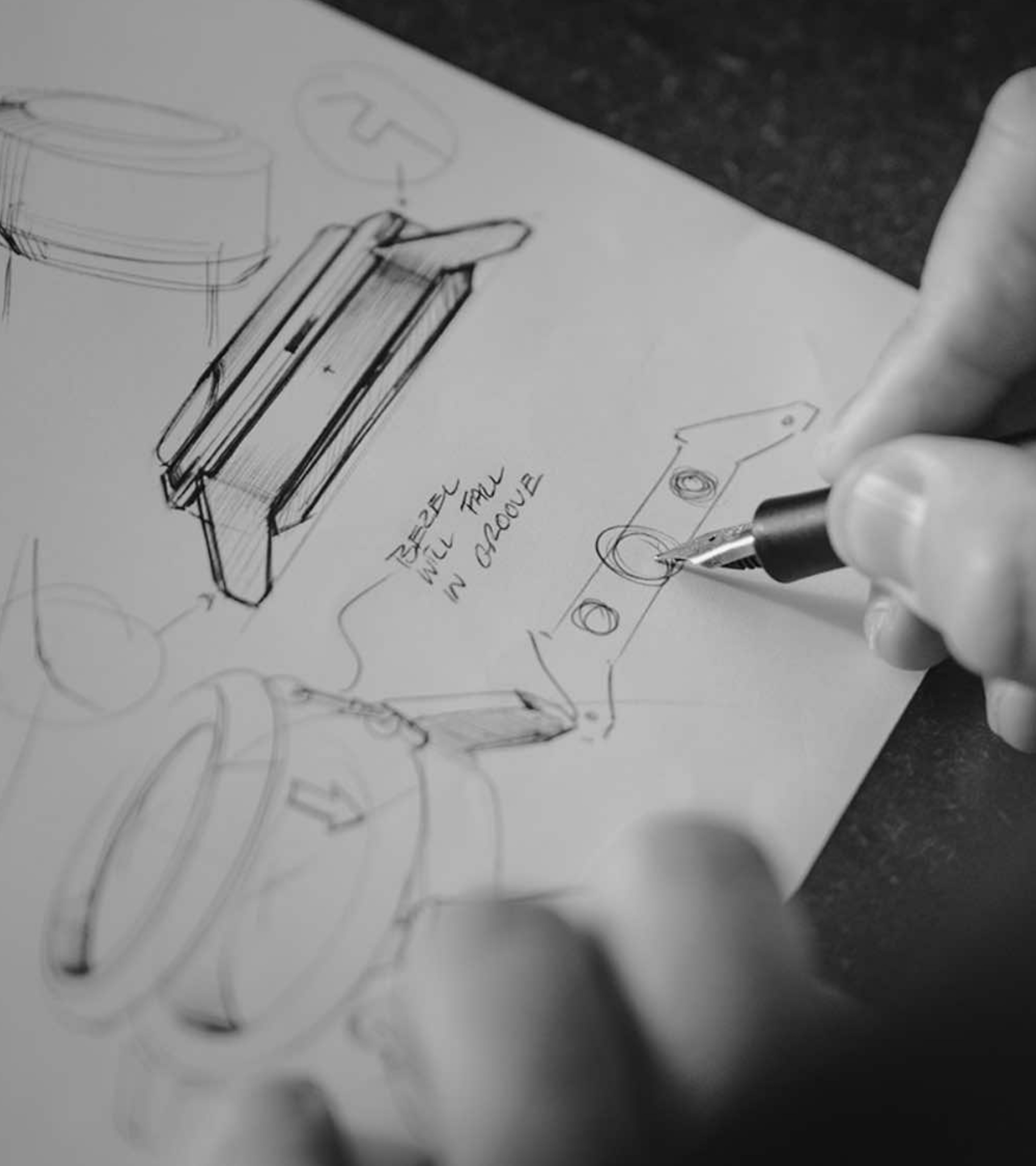 {generated} Hand drawing detailed Breitling watch component sketches, highlighting creative design work in the brand’s studio.