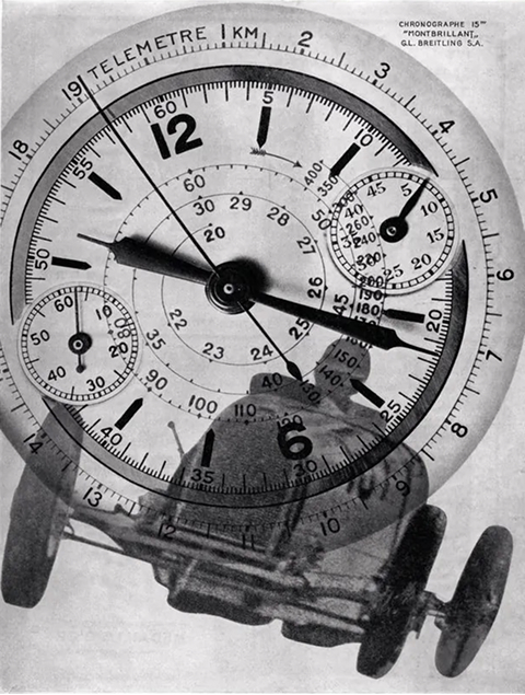 {generated} Vintage Breitling chronograph dial layered over a 1933 racing car and driver, evoking the brand’s early timing heritage