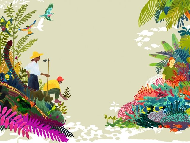 {generated} Colorful illustration of people restoring forests and reefs, symbolizing Breitling-supported environmental projects.