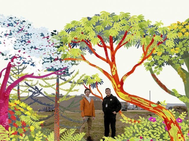 {generated} Two people stand in a landscape blended with vibrant illustrated trees, creating a colorful Healing Forest scene