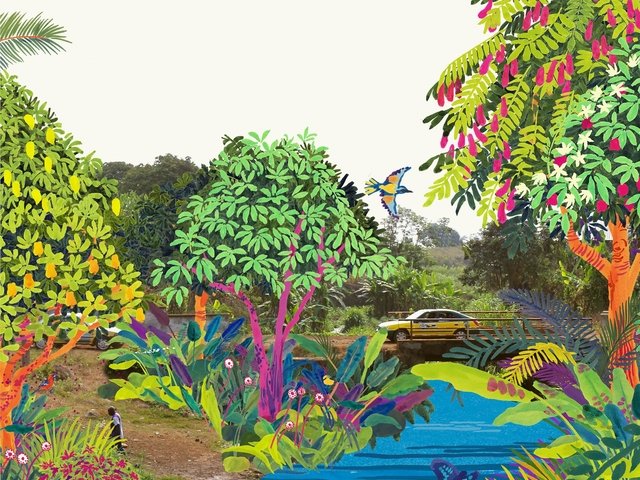 {generated} Vibrant forest scene at the Bulu water catchment blending lush illustrated foliage with a distant car on a rural road.