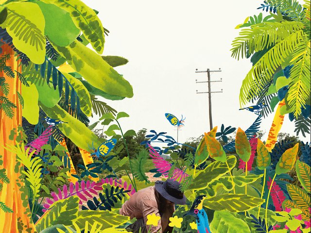 {generated} A person works amid vibrant illustrated tropical foliage in San Miguel, surrounded by lush plants, butterflies and vivid colors.