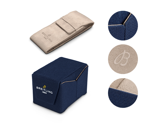 {generated} Breitling sustainable watch packaging with navy box, beige pouch and detailed close-ups highlighting premium textures
