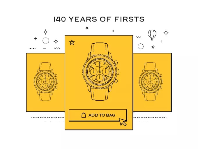 {generated} Breitling anniversary graphic featuring three illustrated watches with a central add‑to‑bag prompt encouraging purchase