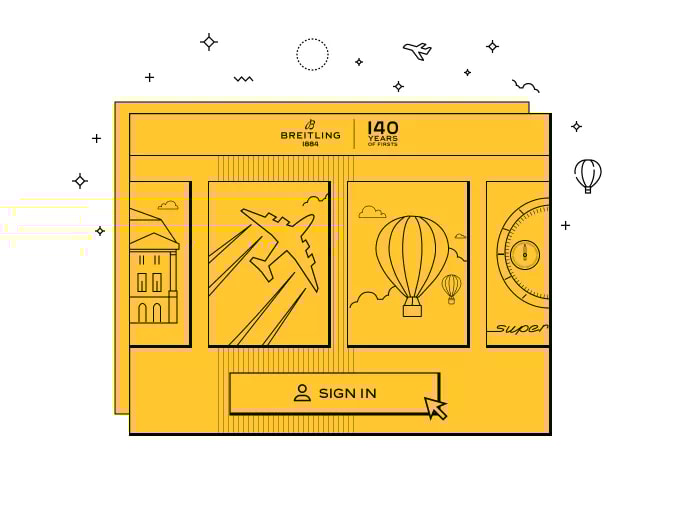 {generated} Yellow Breitling illustration featuring aviation icons, hot air balloons, and a watch dial surrounding the sign-in button