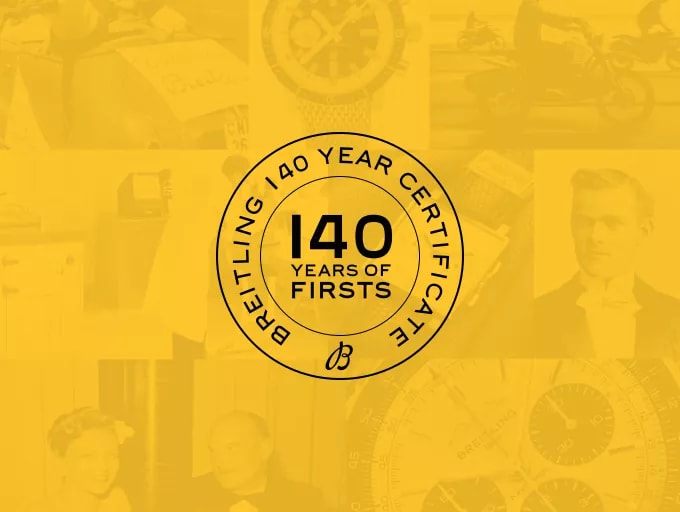 {generated} Breitling 140-year digital certificate emblem presented on a yellow collage celebrating the brand’s historic milestones.