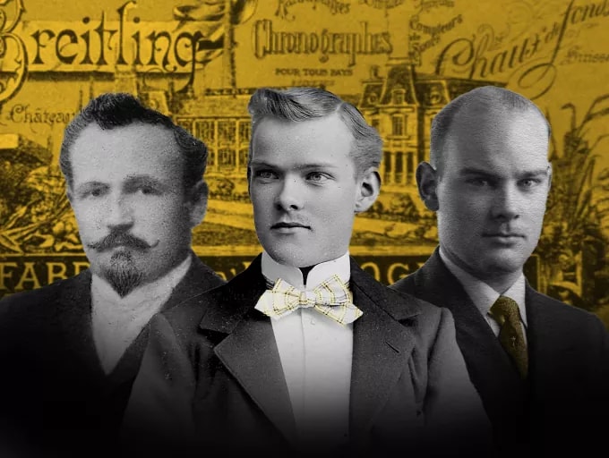 {generated} 三位人物以復古風格呈現，面部模糊，置於Breitling歷史檔案背景中，展現品牌傳承。