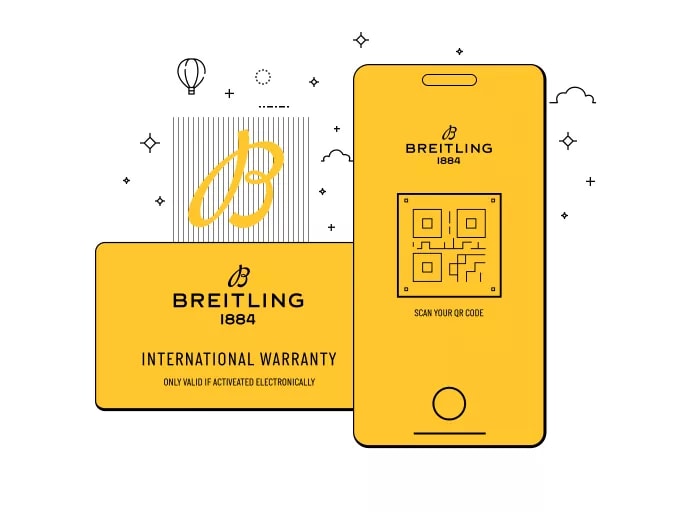 {generated} Breitling warranty card and smartphone graphic displaying a QR code to guide watch registration with clear brand elements