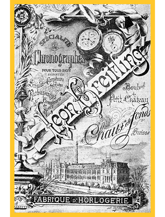 {generated} Vintage-Abbildung von Breitling mit Léon Breitlings Chronographenerbe, verzierten Schriften und der historischen Manufaktur.