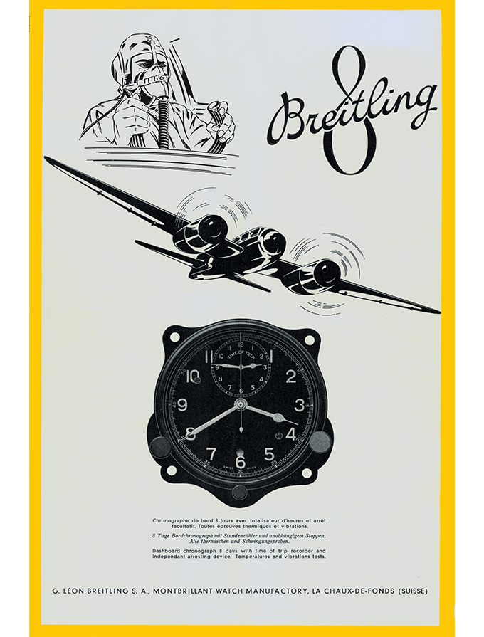 {generated} Vintage Breitling aviation artwork featuring a pilot, twin‑engine aircraft and cockpit chronograph evoking Avenger heritage