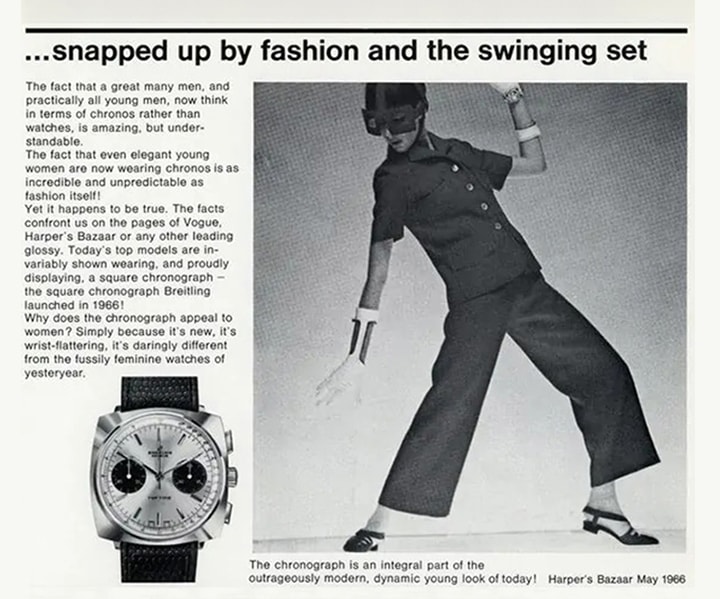 {generated} Annuncio vintage con una donna che posa accanto al cronografo Breitling Top Time a cuscino presentato come elemento di stile