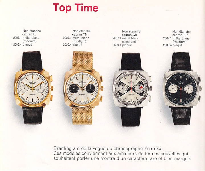 {generated} Quattro cronografi Breitling Top Time a cassa cushion con quadranti e cinturini diversi che esaltano un ricercato stile vintage.