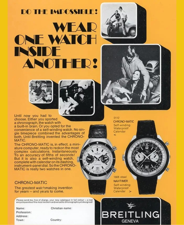 {generated} 1969年復古廣告呈現百年靈CHRONO-MATIC與Navitimer款式，搭配醒目圖像與生活風格場景。