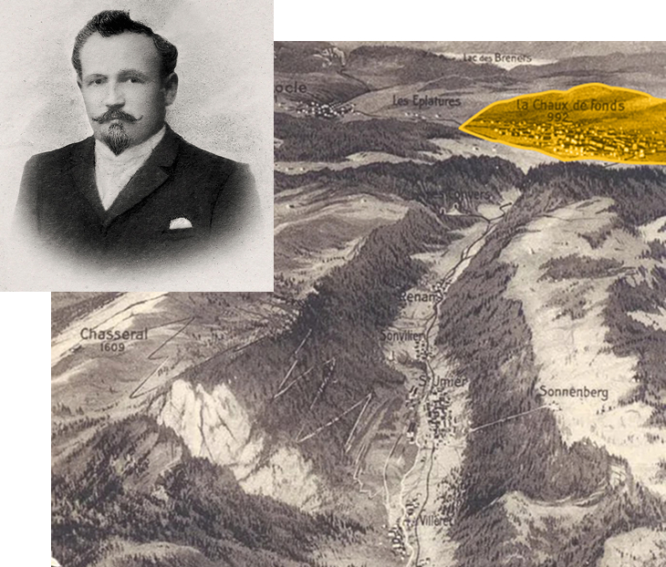 {generated} Historic portrait beside a vintage map highlighting La Chaux-de-Fonds, evoking Breitling heritage from its 1884 beginnings