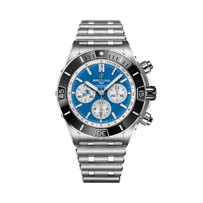 Super Chronomat B01 Chronograph 44 NFL Detroit Lions Edition, Referenz AB01361C1C2A1. Link zu Produktdetails.