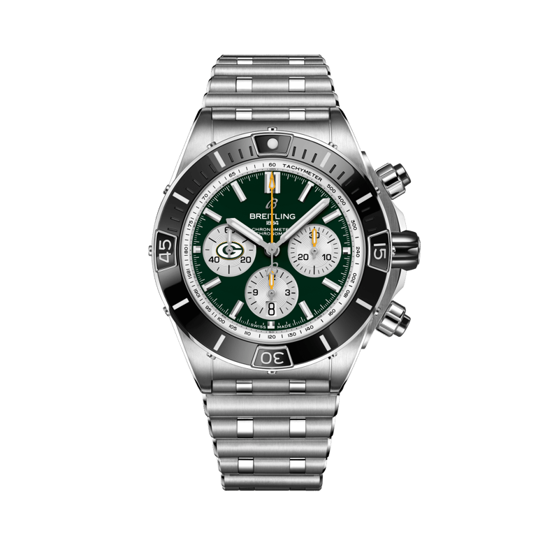 Super Chronomat B01 Chronograph 44 NFL Green Bay Packers, Referenz AB01361C1L1A1. Link zu Produktdetails.